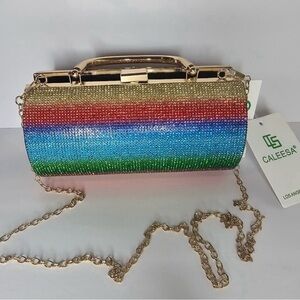 Rainbow Multicolor Bling Barrel Clutch / Bag With Gold Chain
